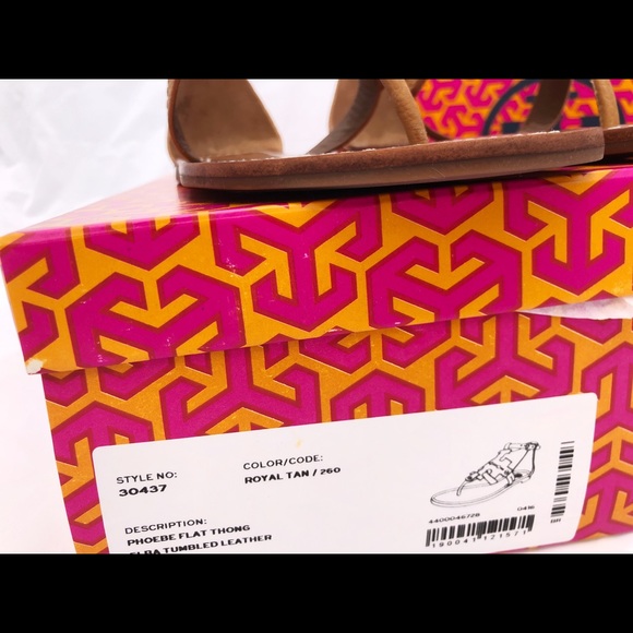 Tory Burch Phoebe Flat Thong Sandals Tan Logo - Picture 7 of 8
